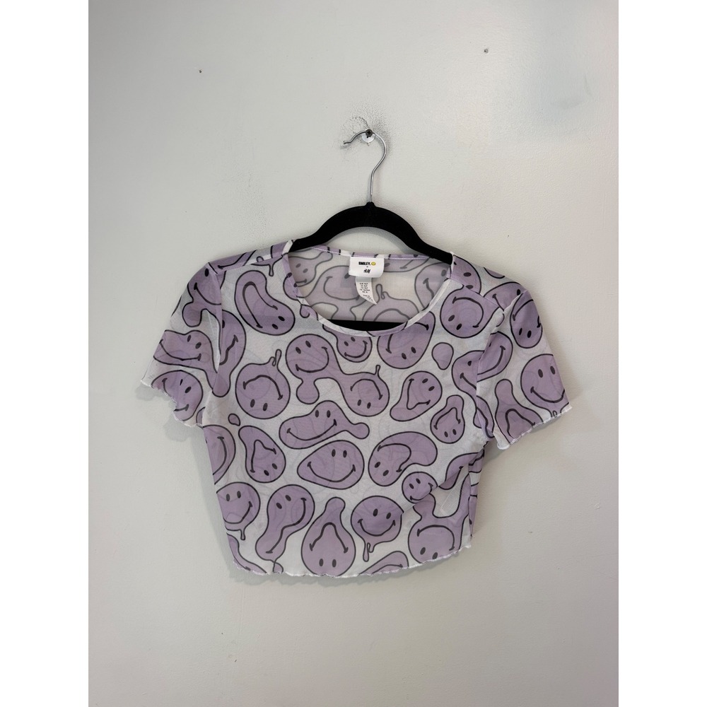 HM x SmileyWorld Purple Melting Smiley Face Mesh Crop Top M Lettuce Edge Y2K